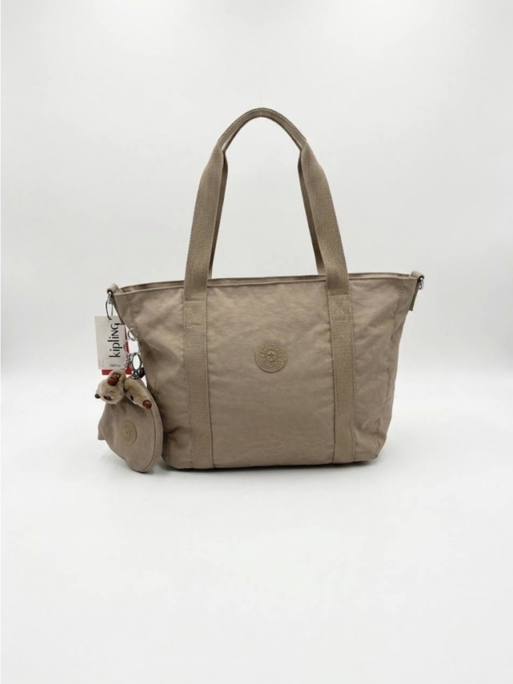 Kipling Taupe Canvas Tote with Coin Pouch and Charm
